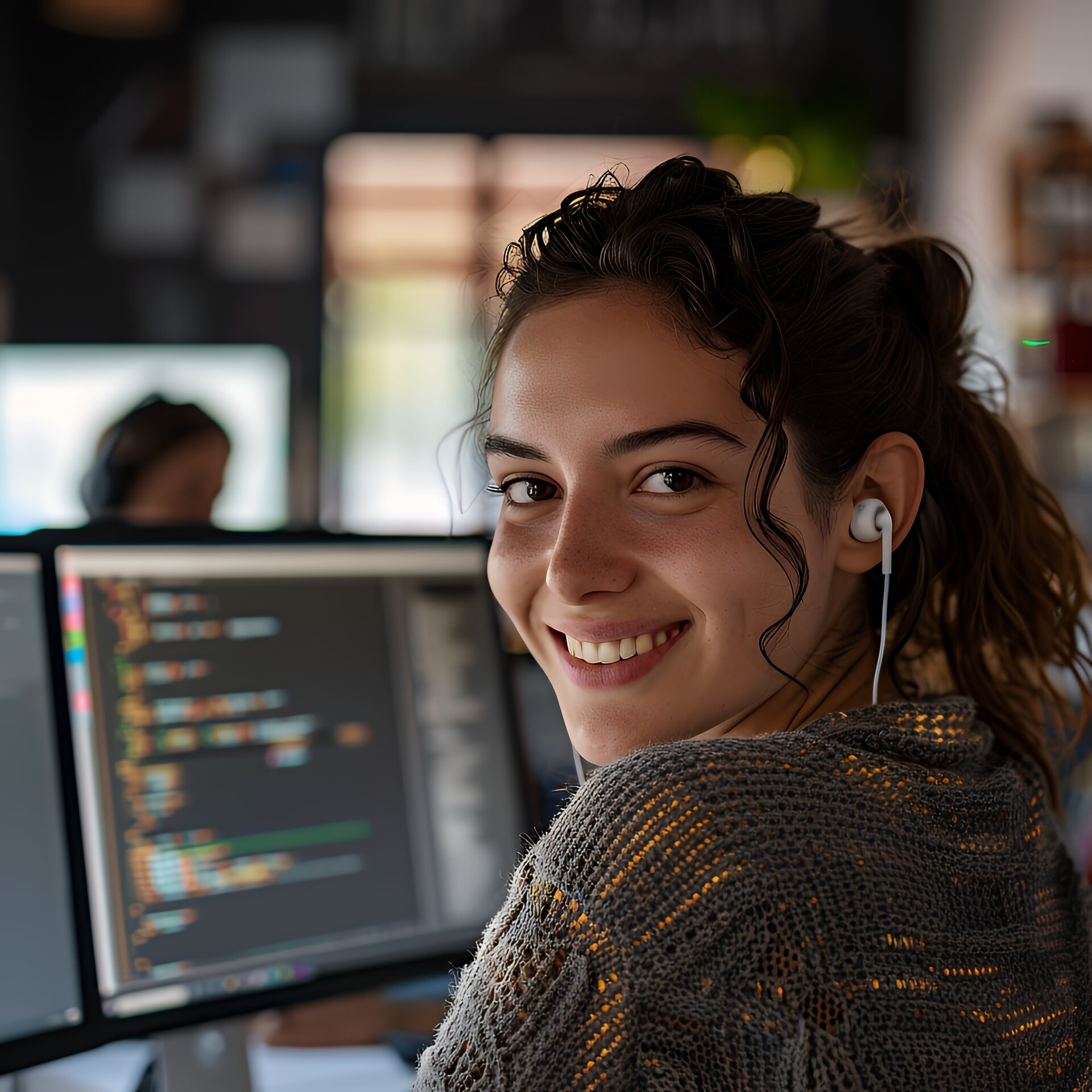 smiling young woman wearing earphones looks her shoulder while working computer scaled