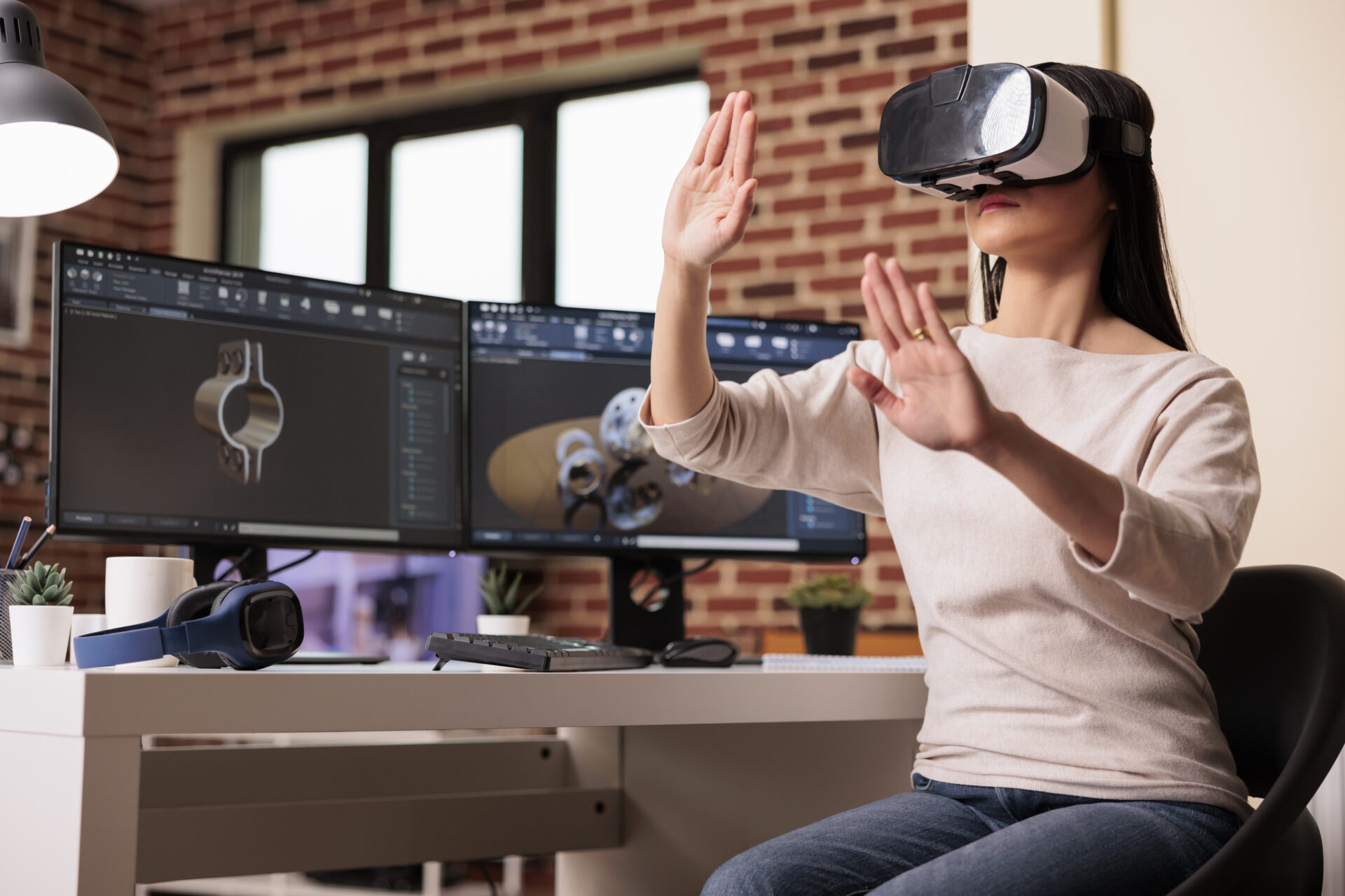 engineer using vr glasses manufacture gears product with virtual reality technology cad software computer technician engineering industrial machinery turbine with interactive headset scaled