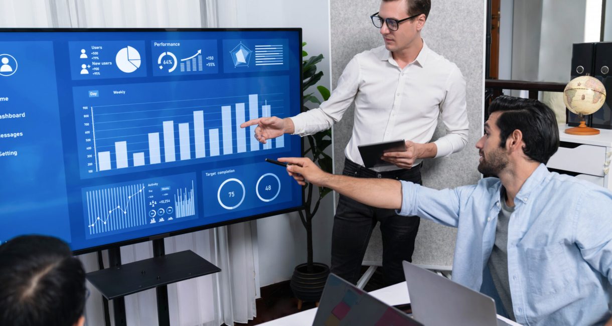 Presentation in office or meeting room with analyst team utilizing BI Fintech to analyze financial data. Businesspeople analyzing BI dashboard power display on TV screen for strategic planning.Prudent